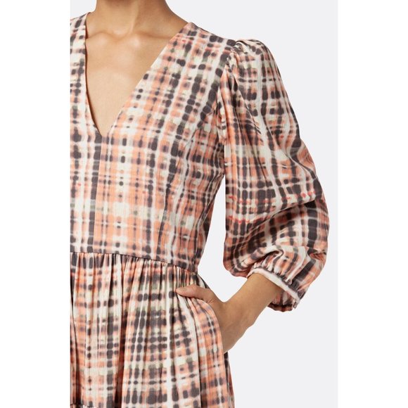 Joie Tobey Dress Multi Plaid Pink Midi Maxi V Neck Cotton 3/4 Sleeve - Picture 3 of 16